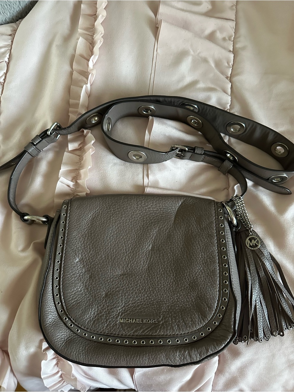 Michael Kors Gray Leather Crossbody with Tassel and Eyelet Trim